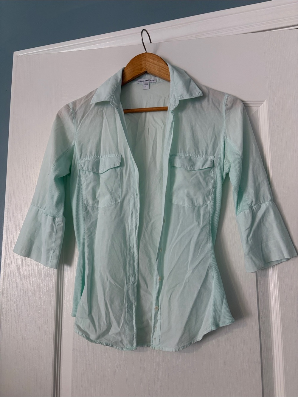 James Perse Mint Green Sheer Slub Side Panel Button Down Shirt Size Small